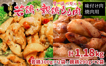 味付け肉「 国産若鶏もも肉 焼肉用 300g×2袋(計600g)」と「 国産親鶏もも肉焼肉用 290g×2袋(計580g)」の食べ比べセット [B-019005]