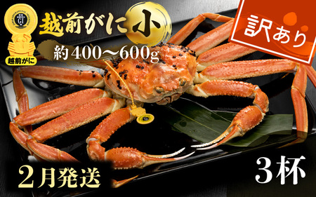 [訳あり]越前がに本場の越前町からお届け!≪浜茹で≫越前がに 小サイズ(生で約400〜600g) × 3杯[2月発送分][雄 ズワイガニ ガニ 姿 ボイル 冷蔵 か カニ 蟹 福井県]希望日指定可 備考欄希望日をご記入ください [e49-x007_02]