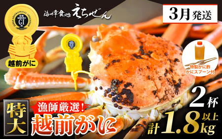 ≪浜茹で≫ 越前がに 特大 × 2杯(生で計1.8kg以上) 越前がに漁師厳選!かに酢 かスプーン4本 食べ方QRコード付き[雄 ズワイガニ ずわいがに 姿 ボイル 冷蔵 福井県][3月発送分]希望日指定可 備考欄希望日をご記入ください [e38-x002_03]