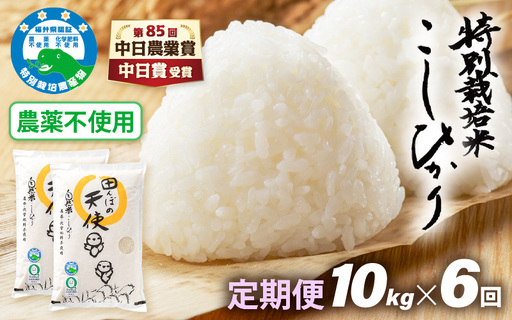 【中日賞受賞】《6ヶ月定期便》農薬不使用 特別栽培米コシヒカリ【精米】10kg×6ヶ月  計60kg  福井県認証区分1取得「田んぼの天使」【5キロ 】 [e10-o003]