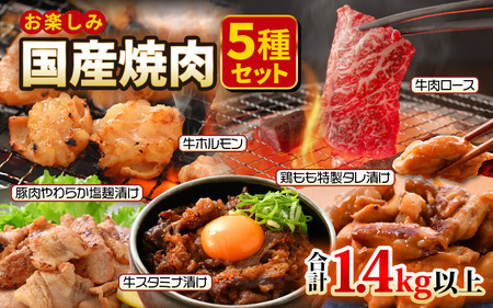 国産 お楽しみ 焼肉セット 合計1.4kg以上[牛肉ロース 味付け肉 牛ホルモン 豚肉 鶏肉 小分け 便利 BBQセット] [e03-b004]