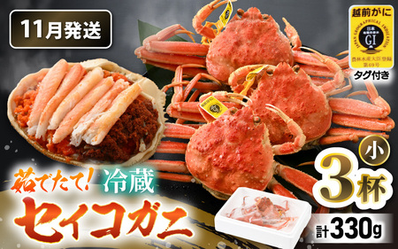 [先行予約][冷蔵] 旬のセイコガニ 小 3杯 計330g以上(茹で前)[2025年11月上旬以降順次発送予定]説明書付き 食べ切数量!全て地物!天然! ズワイガニメス [m21-x001_11]