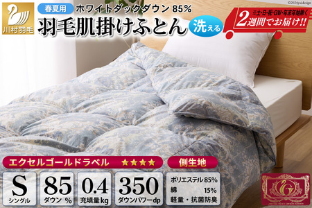 [春夏用]洗える! 羽毛 肌掛け布団 シングル ホワイトダックダウン 85% 0.4kg 青系 [川村羽毛 山梨県 韮崎市 20742881] 布団 布団 ふとん ふとん 寝具 夏用 ダウンケット 掛け布団 肌 日本製 抗菌防臭