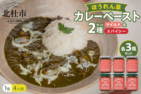 マイルドほうれん草カレーペースト3瓶&スパイシーほうれん草カレーペースト3瓶の6セット ペースト 24人前 マイルド スパイシー 6個 2種 セット 保存着色料 無使用 瓶詰 持ち運び アウトドア 仕送りギフト 山梨県 北杜市