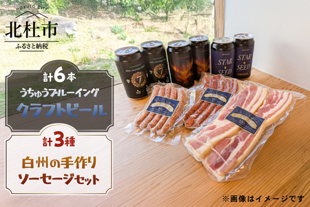 うちゅうブルーイング クラフトビール6本と名水百選で知られる白州の手作りソーセージ3種セット クラフトビール ソーセージ ウインナー ベーコン 詰め合わせ セット 6本 350ml 宇宙ビール うちゅうブルーイング シポラタウインナー チョリソーソーセージ ソフトベーコン 食べ比べ 飲み比べ