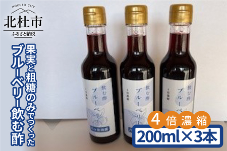 果実と粗糖のみでつくったブルーベリー飲む酢 200ml×3本 4倍濃縮 ビネガー 果実酢 フルーツ ドリンク 濃縮 ハイブッシュブルーベリー 熟成 まろやか 丸ごと ドレッシング 隠し味 添加物不使用 化学調味料無添加 合成保存料 着色料 香料 不使用 ギフト 山梨県 北杜市