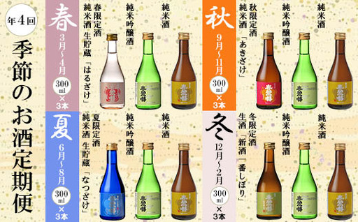 [季節のお酒定期便(ミニ)][春鶯囀]季節限定のお酒と3本セット[年4回発送] ミニサイズ 小瓶 純米酒 日本酒 お酒 地酒 清酒 銘酒 春鶯轉 富士川町 山梨 やまなし 300ml