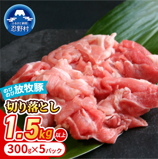 自然の中で飼育された、大月のびのび放牧豚の切り落とし肉 1.5kg以上 (300g×5パック)