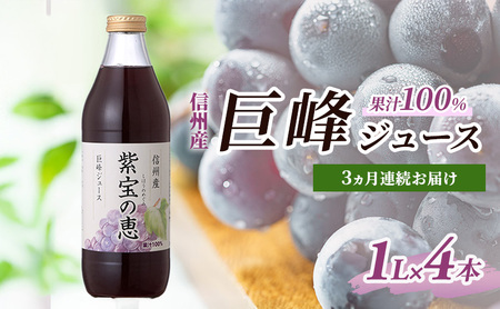 3ヵ月連続お届け 信州産 巨峰ジュース 果汁100% 「紫宝の恵」 (1L×4本)