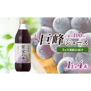 [定期便]3ヵ月連続お届け 信州産 巨峰ジュース 果汁100% 「紫宝の恵」 (1L×4本)