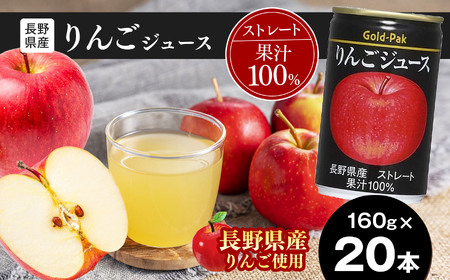 果汁 100% 長野県産 りんご ジュース 160g×20本 | 長野県産 りんご | 無加糖 無香料 アップル ジュース 飲料 ドリンク 飲み物 缶 長期保存 長野県 松本市 ふるさと納税