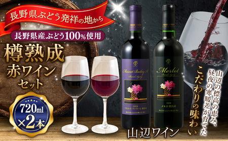 [樽熟成赤ワインセット]山辺ワインセット720ml×2本(マスカットベーリーA樽熟成×メルロ樽熟成)
