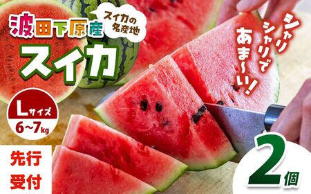 【先行受付】Heart-Landﾉﾑﾗ　波田下原産スイカ Lサイズ　2個（6～7ｋｇ）×2