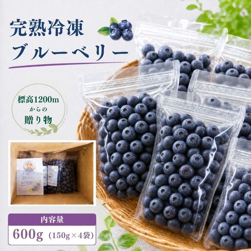 [先行受付][栽培期間中農薬不使用]標高1200mで育った完熟冷凍ブルーベリー 600g(150g×4パック)