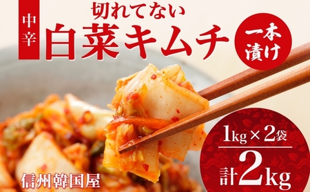 長野県  切れてない 白菜 キムチ 一本漬け 中辛 2kg 白菜キムチ 国産 発酵 漬物 ご飯のお供 おかず おつまみ キムチ鍋 豚キムチ ギフト 韓国 キムフーズ 信州 送料無料 上田
