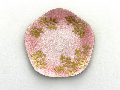 銀張り七宝梅花型 金彩桜 アロマスト―ンプレート 桃/赤羽七宝舎[87-05GB]