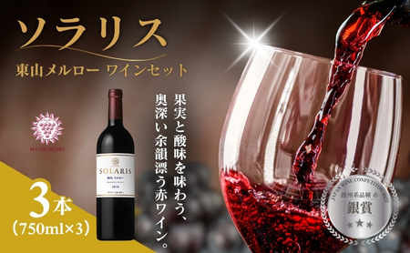 ソラリス 東山メルロー ワインセット 750ml×3本 赤ワイン お酒 ぶどう酒 晩酌 おうちディナー 飲み物 家飲み 宅飲み 果実香 複雑 おだやかな酸味 タンニン