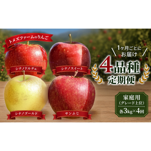 [先行予約/8月下旬まで]りんご(家庭用グレード上位) 4品種定期便 各約3kg×4回 9月〜12月 旬りんご発送 トメズファーム りんご 長野 信州 小諸 果物 フルーツ