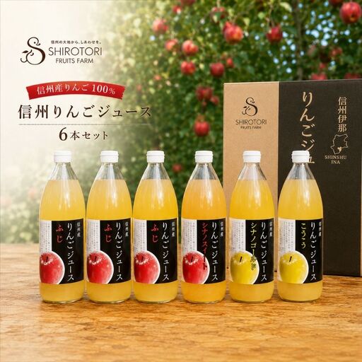 信州 りんごジュース(サンふじ3本、他3本品種お任せ) 6本 セット [013-62]