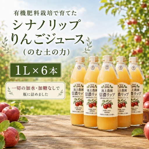 りんごジュース シナノリップジュース 1L×6本 のむ土の力 池上りんご農園 有機肥料栽培 原料 使用 長野 伊那【013-65】