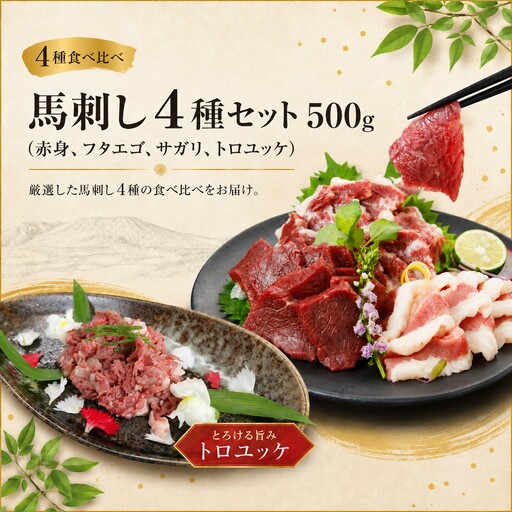 馬刺し 4種セット 500g(赤身、フタエゴ、サガリ、トロユッケ) 馬刺しの長野屋[017-31]