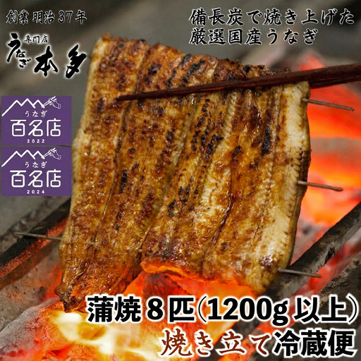 【冷蔵】国産 鰻 蒲焼《8尾》 1,200g以上 タレ・うなぎのミニおつまみ付 〜明治37年創業「本多」〜 | 国産 ウナギ 蒲焼 炭火焼 おつまみ タレ 秘伝 （Ab-017-2）