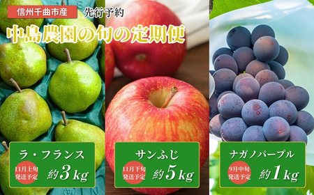 [2026年先行予約]フルーツ王国 信州 千曲 中島農園の旬の定期便(ナガノパープル、ラ・フランス、サンふじ)|フルーツ定期便