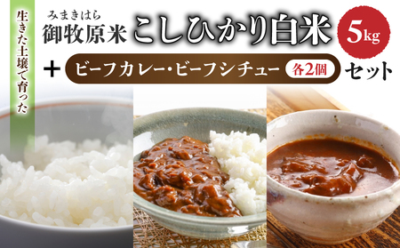 [里山JAPAN]長野県産!生きた土壌で育った『御牧原米こしひかり 白米(八分搗き)5kg』と小田切牧場ビーフカレー、ビーフシチューセット|白米白米白米白米白米白米白米