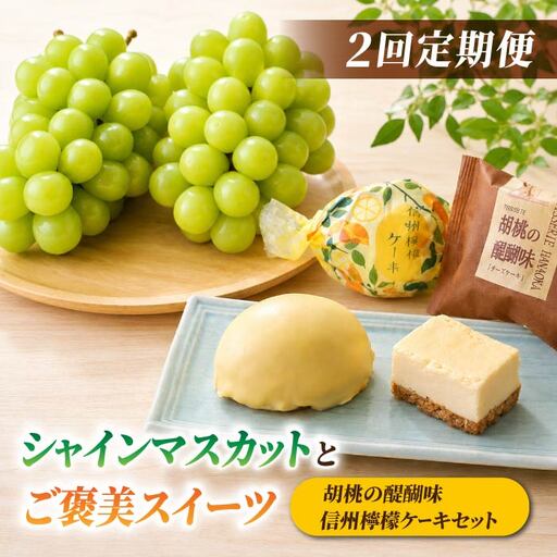 [2回定期便]高評価!シャインマスカットとご褒美スイーツ定期便(シャインマスカット 2房/信州檸檬ケーキと胡桃の醍醐味セット 15個)|[JA信州うえだ/御菓子処花岡]ぶどう 葡萄 大粒 果物 フルーツ 菓子 頒布会 長野