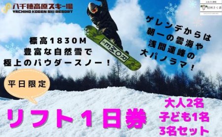 八千穂高原スキー場 平日限定 (大人2名・子ども1名)3名セット リフト1日券〔AD-03〕