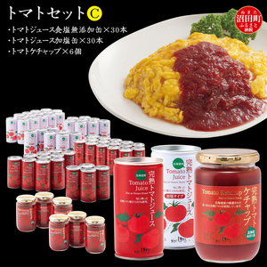 トマトセットC(トマトジュース無塩缶×30本・加塩缶×30本・トマトケチャップ×6個)保存料 無添加 国産 北海道産 ヘルシーDo認定 ESSEふるさとグランプリ銀賞 n-0060