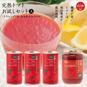 完熟トマトお試しセットA(ケチャップ1個・食塩無添加缶3本)保存料 無添加 国産 北海道産 ヘルシーDo認定 ESSEふるさとグランプリ銀賞 n-0062