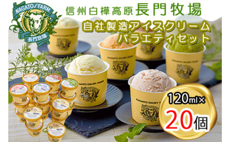 長門牧場アイスクリーム20個セットA-4　6種のフレーバー詰め合わせ（バニラ、チョコレート、抹茶、ヨーグルト、いちご、あんず）　人気スイーツ　濃厚ミルク　直送　牛乳　生乳　国産　夏ギフト　長野県　贈答品　お土産　お中元　お歳暮　クリスマス