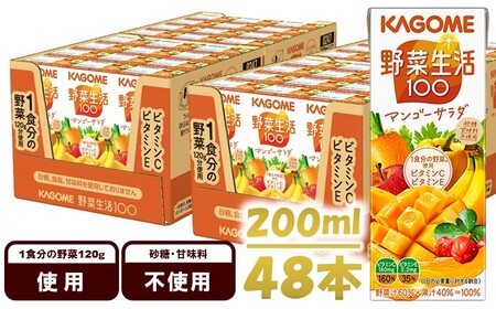 カゴメ 野菜生活100 マンゴーサラダ 200ml 紙パック 48本 野菜ジュｰス 果実ミックスジュｰス 果汁飲料 砂糖不使用 1食分の野菜 マルチビタミン ビタミンE 飲料類 ドリンク 野菜ドリンク 長期保存 備蓄