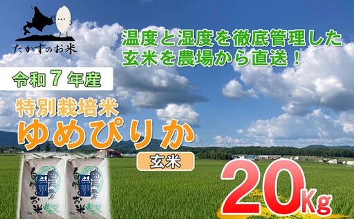 [令和7年産] ゆめぴりか (玄米) 10kg×2袋 20kg 特Aランク 特A たかすのお米 特別栽培米 コメ こめ 玄米 ご飯 ごはん ブランド米 産地直送 北海道 鷹栖町 常温