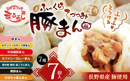 [ふるなび限定][長野県産豚使用]ふっくら手包み豚まん 全7種7個 | 豚まん 肉まん おやつ 手包み豚まん 中華 セット 7種 詰め合わせ セット 食べ比べ 長野県 松川村 信州 FN-Limited