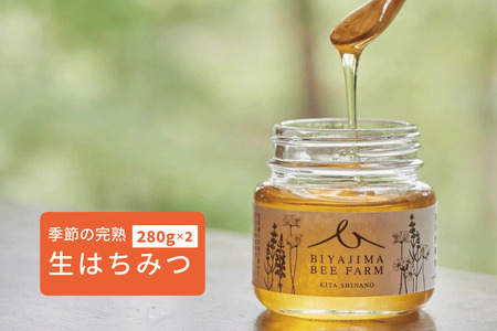 [ふるさと納税]BIYAJIMA BEE FARM『季節の完熟生はちみつ 一瓶280g×2個』北信濃の大自然がぎゅっとつまった、完全非加熱・無農薬・除草剤、防腐剤不使用の国産天然蜂蜜[長野県信濃町]