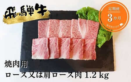 [3ヶ月定期便]A5等級飛騨牛焼き肉用1.2kg ロース又は肩ロース肉