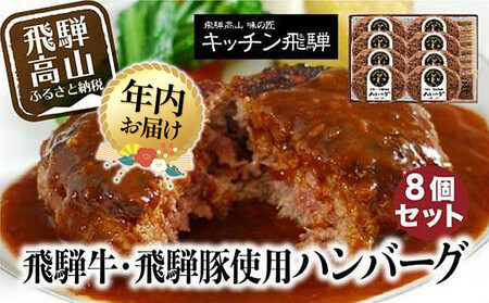[12月配送]キッチン飛騨 飛騨牛・飛騨豚使用 ハンバーグ 8個セット(デミグラスソース付)飛騨ハム CQ008VC12| 年内発送 高山市 ハンバーグ