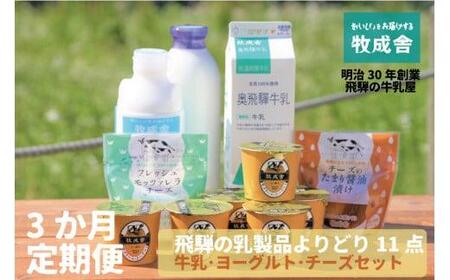 [牧成舎] 定期便3カ月 飛騨の牛乳屋のこだわり「牛乳 ヨーグルト チーズ」 乳製品をまるごとお届け 11点×3回