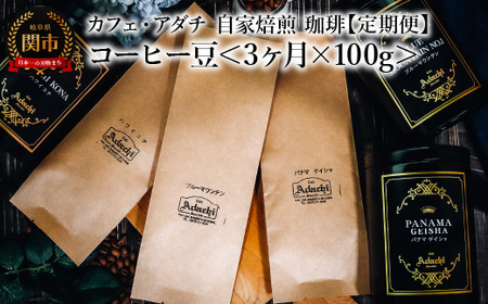[定期便] コーヒー豆 [100g×3ヶ月] パナマゲイシャ ブルーマウンテン ハワイコナ 100g (約10杯分)×3回 毎月異なるコーヒー豆をお届け 〜 カフェ・アダチ 自家焙煎 珈琲 粉にもできます