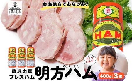 明方 ハム 3本 プレスハム JA ブランド 高級 豚肉 お肉 国産 熟成 塩分 控えめ 天然 豚腸 バーベキュー BBQ 加工品 お取り寄せ 贈答 ギフト 送料無料 めぐみの農業協同組合 岐阜県 美濃市