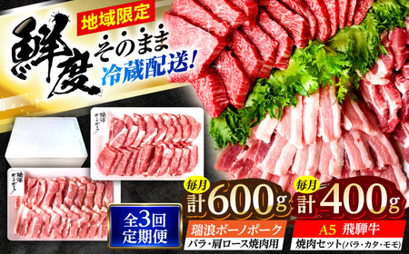 【3回定期便】 ※冷蔵配送/地域限定※ 飛騨牛 ボーノポーク 焼肉セット 合計1kg 瑞浪市 / きなぁた瑞浪 和牛 国産 岐阜県産[AZCI095]