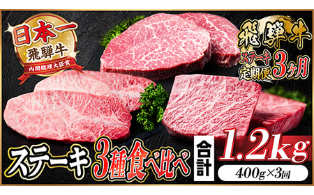 [毎月定期便]飛騨牛 ステーキ定期便 計約1.2kg[冷蔵便]全3回 A4〜A5等級_肉 ステーキ 牛肉 ビーフステーキ 定期便 定期便 _[配送不可地域:離島]