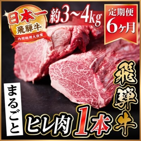 【毎月定期便】飛騨牛 ヒレ1本(約3～4kg)【シャトーブリアン＆ヒレ】冷蔵便 ステーキ全6回【配送不可地域：離島】【4084144】