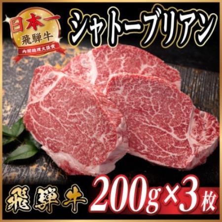 飛騨牛 シャトーブリアン 約600g(約200g×3枚)  黒毛和牛 ステーキ牛肉【配送不可地域：離島】【1733120】