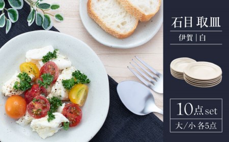 [美濃焼]石目 取皿 大・小 10点 セット 伊賀(白)[山銀深萱商店]食器 皿 プレート 小皿 取り皿 ケーキ皿 薬味皿 醤油皿 家族 おもてなし パーティ 美濃焼 日本製 レンジ対応 食洗機対応 送料無料 