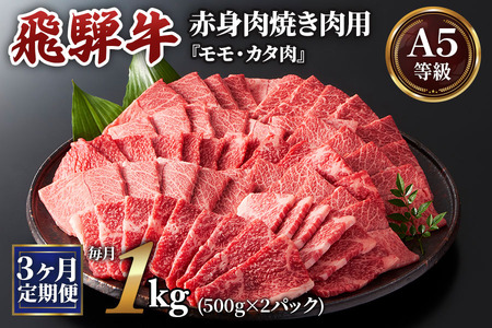 [3ヶ月定期便][A5等級]飛騨牛赤身肉焼き肉用 1kg(500g×2パック)『モモ・カタ肉』[0349]