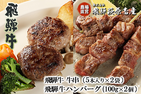 [遅れてごめんね 父の日(2025年6月17日〜22日お届け)]飛騨牛串焼き・飛騨牛ハンバーグセット(牛串 10本・ハンバーグ 100g×2個)最高級 国産 牛肉 ブランド牛 和牛 BBQ バーベキュー 牛串 父の日[冷凍配送][22-33fo]