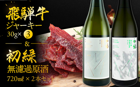 [飛騨 味職人]飛騨牛 干し肉ビーフジャーキー (30g×3箱)と[初緑] 無濾過原酒2種セット(720ml×各1本) お酒 日本酒 純米吟醸 奥飛騨酒造 おさだ食品 おつまみ 晩酌 ギフト 下呂温泉[54-14]